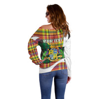 Personalized Bon Fete Kweyol Dominica Off Shoulder Sweater Creole Day Coat Of Arms Madras Motifs
