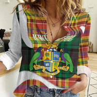 Personalized Bon Fete Kweyol Dominica Women Casual Shirt Creole Day Coat Of Arms Madras Motifs