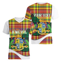 Personalized Bon Fete Kweyol Dominica Women V-Neck T-Shirt Creole Day Coat Of Arms Madras Motifs