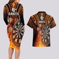 Personalised Polynesian Darts Couples Matching Long Sleeve Bodycon Dress and Hawaiian Shirt Fire Burning With Tribal Tattoo - Wonder Print Shop
