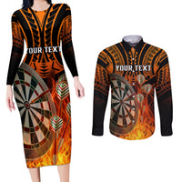 Personalised Polynesian Darts Couples Matching Long Sleeve Bodycon Dress and Long Sleeve Button Shirts Fire Burning With Tribal Tattoo - Wonder Print Shop
