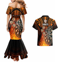 Personalised Polynesian Darts Couples Matching Mermaid Dress and Hawaiian Shirt Fire Burning With Tribal Tattoo - Wonder Print Shop