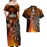 Personalised Polynesian Darts Couples Matching Off Shoulder Maxi Dress and Hawaiian Shirt Fire Burning With Tribal Tattoo - Wonder Print Shop