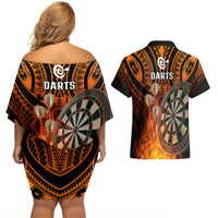 Personalised Polynesian Darts Couples Matching Off Shoulder Short Dress and Hawaiian Shirt Fire Burning With Tribal Tattoo - Wonder Print Shop