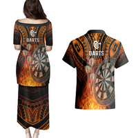 Personalised Polynesian Darts Couples Matching Puletasi Dress and Hawaiian Shirt Fire Burning With Tribal Tattoo - Wonder Print Shop