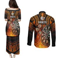 Personalised Polynesian Darts Couples Matching Puletasi Dress and Long Sleeve Button Shirts Fire Burning With Tribal Tattoo - Wonder Print Shop