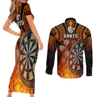 Personalised Polynesian Darts Couples Matching Short Sleeve Bodycon Dress and Long Sleeve Button Shirts Fire Burning With Tribal Tattoo - Wonder Print Shop