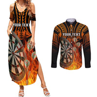 Personalised Polynesian Darts Couples Matching Summer Maxi Dress and Long Sleeve Button Shirts Fire Burning With Tribal Tattoo - Wonder Print Shop