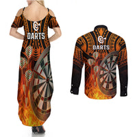 Personalised Polynesian Darts Couples Matching Summer Maxi Dress and Long Sleeve Button Shirts Fire Burning With Tribal Tattoo - Wonder Print Shop