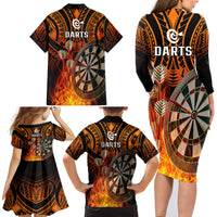 Personalised Polynesian Darts Family Matching Long Sleeve Bodycon Dress and Hawaiian Shirt Fire Burning With Tribal Tattoo - Wonder Print Shop