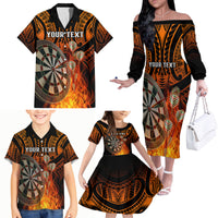 Personalised Polynesian Darts Family Matching Off Shoulder Long Sleeve Dress and Hawaiian Shirt Fire Burning With Tribal Tattoo - Wonder Print Shop