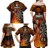 Personalised Polynesian Darts Family Matching Off Shoulder Long Sleeve Dress and Hawaiian Shirt Fire Burning With Tribal Tattoo - Wonder Print Shop