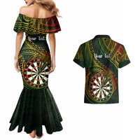 Personalised Polynesian Darts Couples Matching Mermaid Dress and Hawaiian Shirt Dart Lovers Tribal Pattern Mix Tropical Leaves - Wonder Print Shop