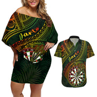 Personalised Polynesian Darts Couples Matching Off Shoulder Short Dress and Hawaiian Shirt Dart Lovers Tribal Pattern Mix Tropical Leaves - Wonder Print Shop