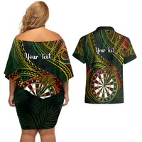 Personalised Polynesian Darts Couples Matching Off Shoulder Short Dress and Hawaiian Shirt Dart Lovers Tribal Pattern Mix Tropical Leaves - Wonder Print Shop