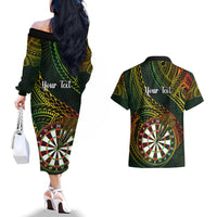 Personalised Polynesian Darts Couples Matching Off The Shoulder Long Sleeve Dress and Hawaiian Shirt Dart Lovers Tribal Pattern Mix Tropical Leaves - Wonder Print Shop