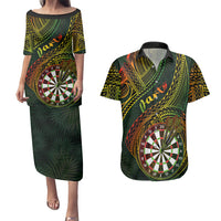 Personalised Polynesian Darts Couples Matching Puletasi Dress and Hawaiian Shirt Dart Lovers Tribal Pattern Mix Tropical Leaves - Wonder Print Shop