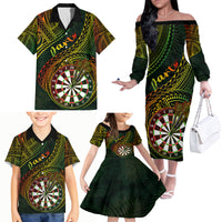 Personalised Polynesian Darts Family Matching Off Shoulder Long Sleeve Dress and Hawaiian Shirt Dart Lovers Tribal Pattern Mix Tropical Leaves - Wonder Print Shop