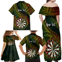Personalised Polynesian Darts Family Matching Off Shoulder Long Sleeve Dress and Hawaiian Shirt Dart Lovers Tribal Pattern Mix Tropical Leaves - Wonder Print Shop