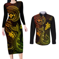 Hawaii Couples Matching Long Sleeve Bodycon Dress and Long Sleeve Button Shirts Fish Hook Tattoo Mix Polynesian Plumeria Reggae Version - Wonder Print Shop