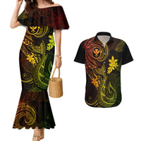 Hawaii Couples Matching Mermaid Dress and Hawaiian Shirt Fish Hook Tattoo Mix Polynesian Plumeria Reggae Version - Wonder Print Shop