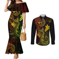 hawaii-couples-matching-mermaid-dress-and-long-sleeve-button-shirts-fish-hook-tattoo-mix-polynesian-plumeria-reggae-version