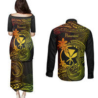 Hawaii Couples Matching Puletasi Dress and Long Sleeve Button Shirts Fish Hook Tattoo Mix Polynesian Plumeria Reggae Version - Wonder Print Shop
