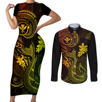 Hawaii Couples Matching Short Sleeve Bodycon Dress and Long Sleeve Button Shirts Fish Hook Tattoo Mix Polynesian Plumeria Reggae Version - Wonder Print Shop
