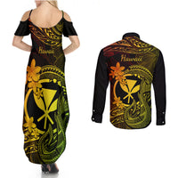 Hawaii Couples Matching Summer Maxi Dress and Long Sleeve Button Shirts Fish Hook Tattoo Mix Polynesian Plumeria Reggae Version - Wonder Print Shop