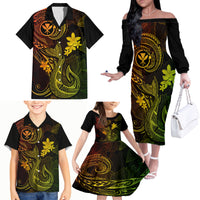 Hawaii Family Matching Off Shoulder Long Sleeve Dress and Hawaiian Shirt Fish Hook Tattoo Mix Polynesian Plumeria Reggae Version - Wonder Print Shop