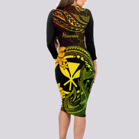 Hawaii Long Sleeve Bodycon Dress Fish Hook Tattoo Mix Polynesian Plumeria Reggae Version - Wonder Print Shop