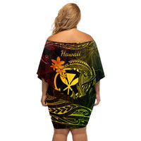 Hawaii Off Shoulder Short Dress Fish Hook Tattoo Mix Polynesian Plumeria Reggae Version - Wonder Print Shop