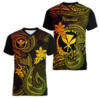 Hawaii Women V Neck T Shirt Fish Hook Tattoo Mix Polynesian Plumeria Reggae Version - Wonder Print Shop