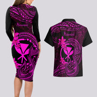 Hawaii Couples Matching Long Sleeve Bodycon Dress and Hawaiian Shirt Fish Hook Tattoo Mix Polynesian Plumeria Pink Version - Wonder Print Shop