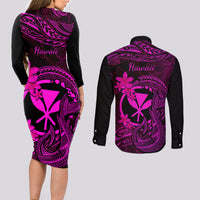 Hawaii Couples Matching Long Sleeve Bodycon Dress and Long Sleeve Button Shirts Fish Hook Tattoo Mix Polynesian Plumeria Pink Version - Wonder Print Shop