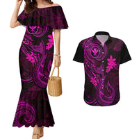 Hawaii Couples Matching Mermaid Dress and Hawaiian Shirt Fish Hook Tattoo Mix Polynesian Plumeria Pink Version - Wonder Print Shop