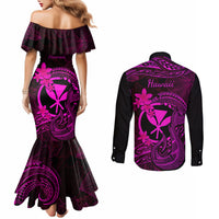hawaii-couples-matching-mermaid-dress-and-long-sleeve-button-shirts-fish-hook-tattoo-mix-polynesian-plumeria-pink-version