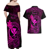 Hawaii Couples Matching Off Shoulder Maxi Dress and Hawaiian Shirt Fish Hook Tattoo Mix Polynesian Plumeria Pink Version - Wonder Print Shop
