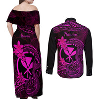 Hawaii Couples Matching Off Shoulder Maxi Dress and Long Sleeve Button Shirts Fish Hook Tattoo Mix Polynesian Plumeria Pink Version - Wonder Print Shop