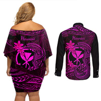 Hawaii Couples Matching Off Shoulder Short Dress and Long Sleeve Button Shirts Fish Hook Tattoo Mix Polynesian Plumeria Pink Version - Wonder Print Shop