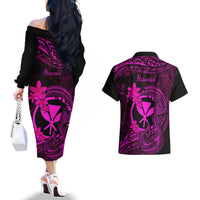 Hawaii Couples Matching Off The Shoulder Long Sleeve Dress and Hawaiian Shirt Fish Hook Tattoo Mix Polynesian Plumeria Pink Version - Wonder Print Shop