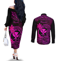 hawaii-couples-matching-off-the-shoulder-long-sleeve-dress-and-long-sleeve-button-shirts-fish-hook-tattoo-mix-polynesian-plumeria-pink-version