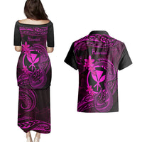 Hawaii Couples Matching Puletasi Dress and Hawaiian Shirt Fish Hook Tattoo Mix Polynesian Plumeria Pink Version - Wonder Print Shop