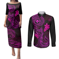Hawaii Couples Matching Puletasi Dress and Long Sleeve Button Shirts Fish Hook Tattoo Mix Polynesian Plumeria Pink Version - Wonder Print Shop