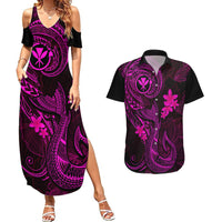 Hawaii Couples Matching Summer Maxi Dress and Hawaiian Shirt Fish Hook Tattoo Mix Polynesian Plumeria Pink Version - Wonder Print Shop