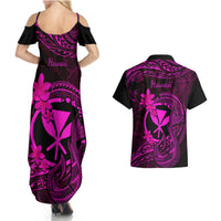 Hawaii Couples Matching Summer Maxi Dress and Hawaiian Shirt Fish Hook Tattoo Mix Polynesian Plumeria Pink Version - Wonder Print Shop