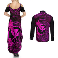 Hawaii Couples Matching Summer Maxi Dress and Long Sleeve Button Shirts Fish Hook Tattoo Mix Polynesian Plumeria Pink Version - Wonder Print Shop
