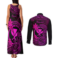 Hawaii Couples Matching Tank Maxi Dress and Long Sleeve Button Shirts Fish Hook Tattoo Mix Polynesian Plumeria Pink Version - Wonder Print Shop