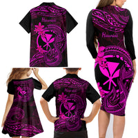 Hawaii Family Matching Long Sleeve Bodycon Dress and Hawaiian Shirt Fish Hook Tattoo Mix Polynesian Plumeria Pink Version - Wonder Print Shop