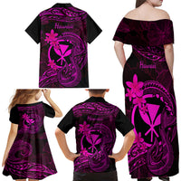 Hawaii Family Matching Off Shoulder Long Sleeve Dress and Hawaiian Shirt Fish Hook Tattoo Mix Polynesian Plumeria Pink Version - Wonder Print Shop